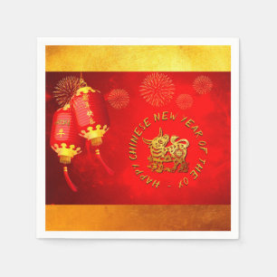 Serviette En Papier Red Gold Lanterns Chinese Ox coupé en papier 2021