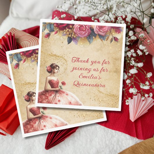Serviette En Papier Red Gold Quinceañera Robe Événement Partyware Pers