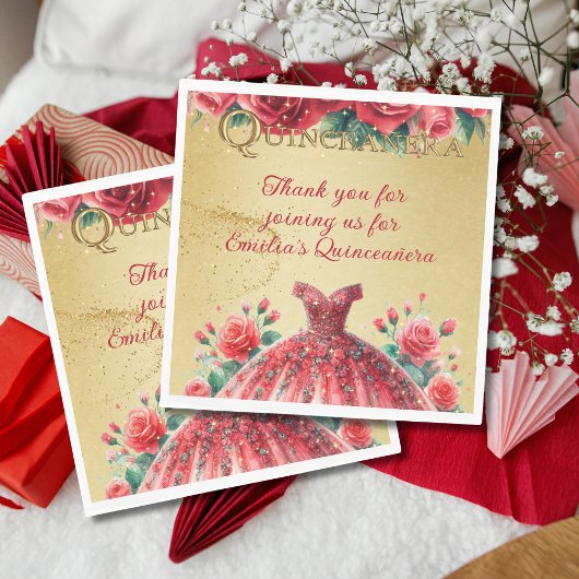 Serviette En Papier Red Gold Quinceañera Robe Événement Partyware Pers