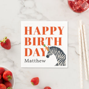 Serviette En Papier Red Happy Birthday Party Animal Zebra avec le nom