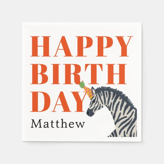 Serviette En Papier Red Happy Birthday Party Animal Zebra avec le nom (Devant)