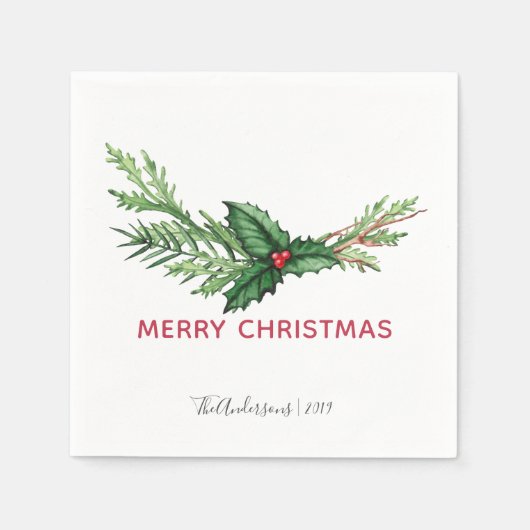 Serviette En Papier Red Holly Bouquet Aquarelle Noël (Devant)