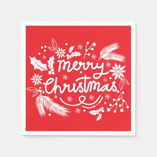 Serviette En Papier Red Joyeux Noël Festif Fête Blanc Floral (Devant)