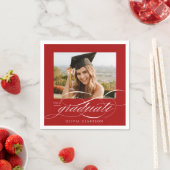 Serviette En Papier Red Modern Elegant Script Photo Graduation Party (En situation)