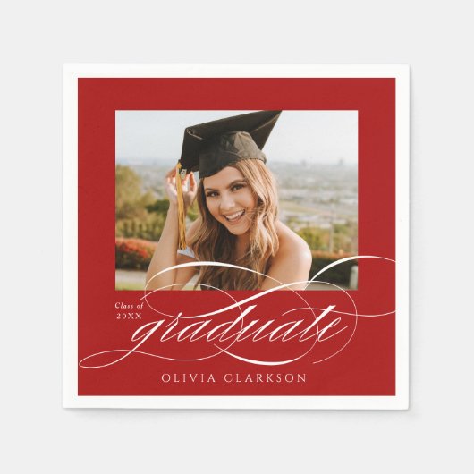 Serviette En Papier Red Modern Elegant Script Photo Graduation Party (Devant)