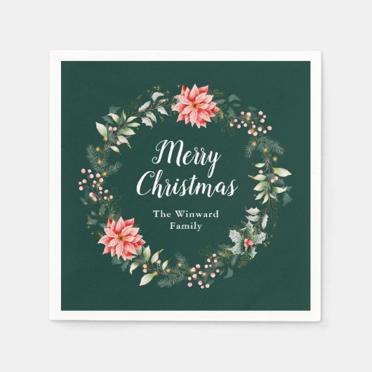 Serviette En Papier Red Poinsettia Wreath Joyeux Noël (Devant)