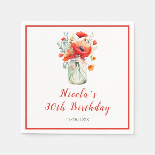 Serviette En Papier Red Poppies Mason Jar Anniversaire (Devant)