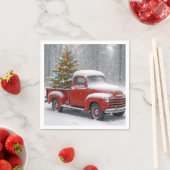 Serviette En Papier Red Retro Truck With Christmas Tree (En situation)
