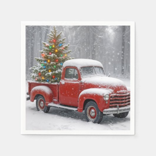 Serviette En Papier Red Retro Truck With Christmas Tree (Devant)