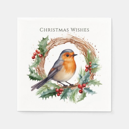 Serviette En Papier Red Robin Holly Wreath Noël (Devant)