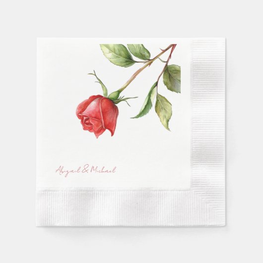 Serviette En Papier Red Rose Stem Personnalisé Noms Mariage Coin (Devant)