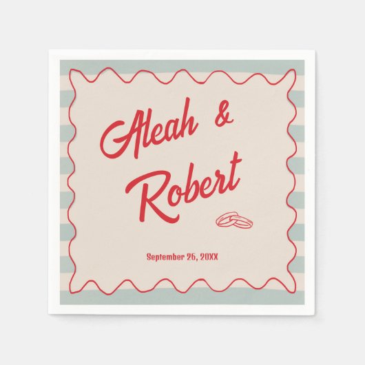 Serviette En Papier Red Script Blue Stripes Retro Wedding (Devant)