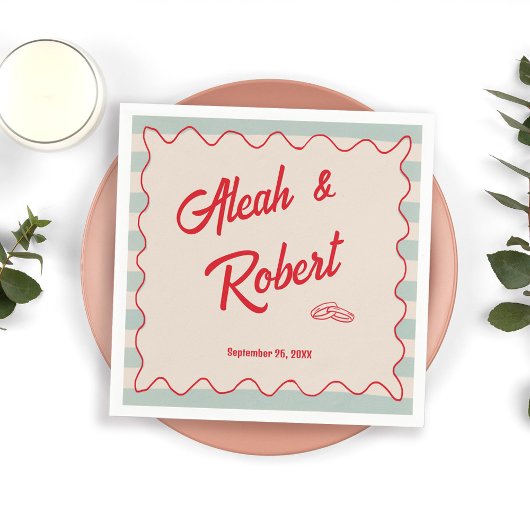 Serviette En Papier Red Script Blue Stripes Retro Wedding