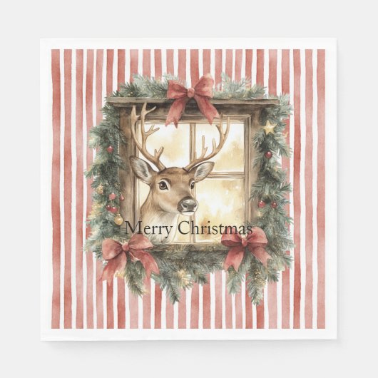 Serviette En Papier Red Stripes Bows Christmas Deer in Window (Devant)