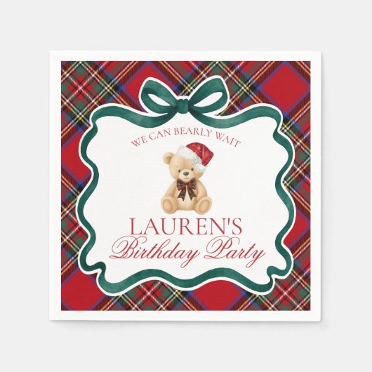 Serviette En Papier Red Tartan Plaid Christmas Bear Birthday Party (Devant)