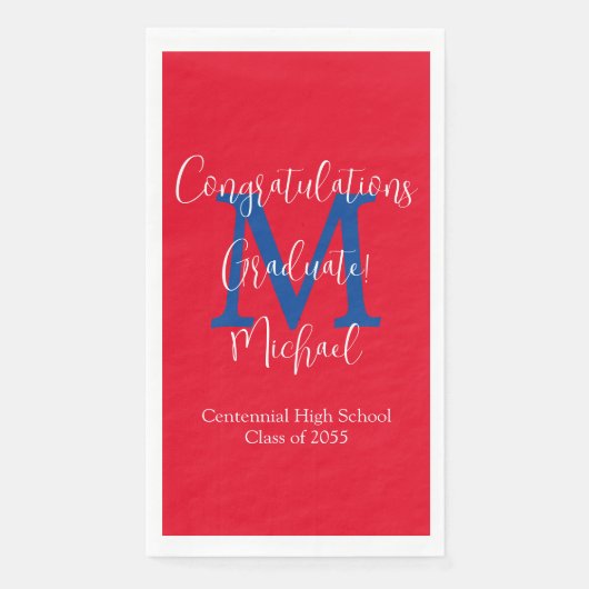 Serviette En Papier Red White Blue Graduation Party Nom Monogramme (Devant)