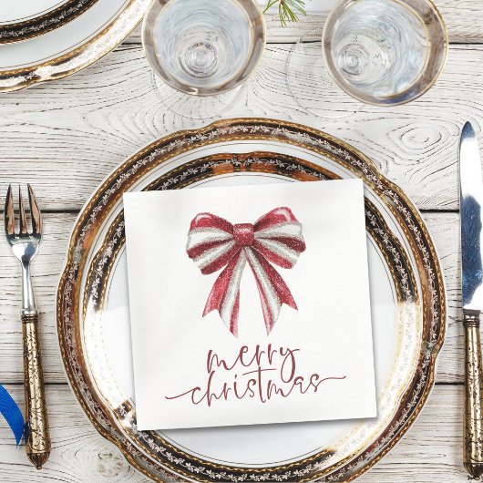 Serviette En Papier Red White Parties scintillant Bow Joyeux Noël