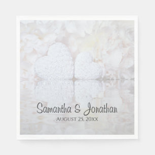 Serviette En Papier Reflet Coeurs et pivoines blancs Mariage élégant