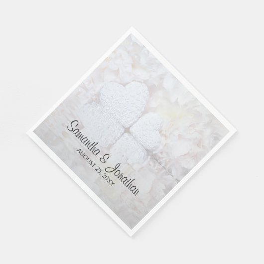 Serviette En Papier Reflet Coeurs et pivoines blancs Mariage élégant (Coin)
