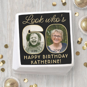 Serviette En Papier Regardez qui a 60 ans Photo Noir et Or Joyeux Anni