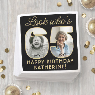 Serviette En Papier Regardez qui a 65 ans Photo noir et or Joyeux Anni