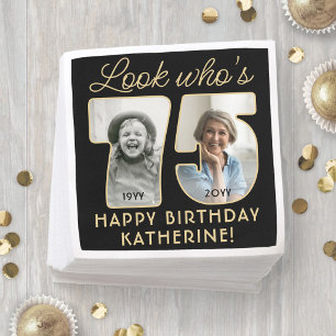 Serviette En Papier Regardez qui a 75 ans Photo Black & Gold Joyeux An