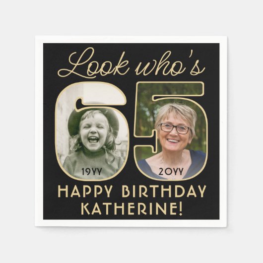 Serviette En Papier Regardez qui est 65 Black & Gold Joyeux Anniversai (Devant)