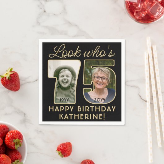 Serviette En Papier Regardez qui est 75 Black & Gold Joyeux Anniversai (En situation)