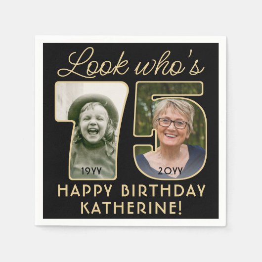 Serviette En Papier Regardez qui est 75 Black & Gold Joyeux Anniversai (Devant)