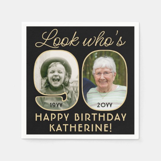 Serviette En Papier Regardez qui est 90 Black & Gold Joyeux Anniversai (Devant)