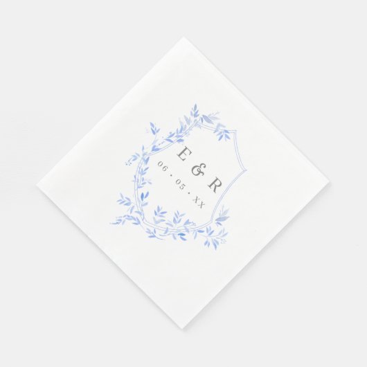 Serviette En Papier Regency Blue Feuille Crest Monogram Mariage (Coin)