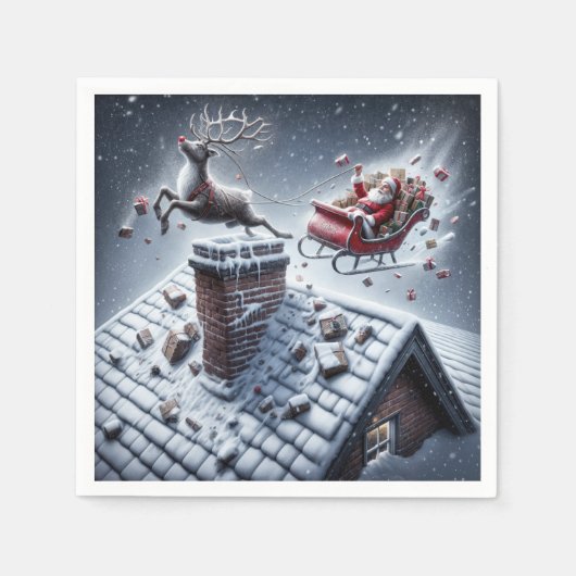 Serviette En Papier Reindeer Mishap sur un toit neigeux (Devant)