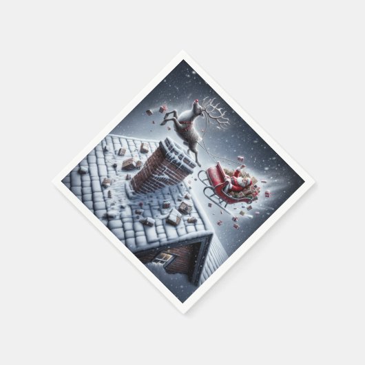 Serviette En Papier Reindeer Mishap sur un toit neigeux (Coin)