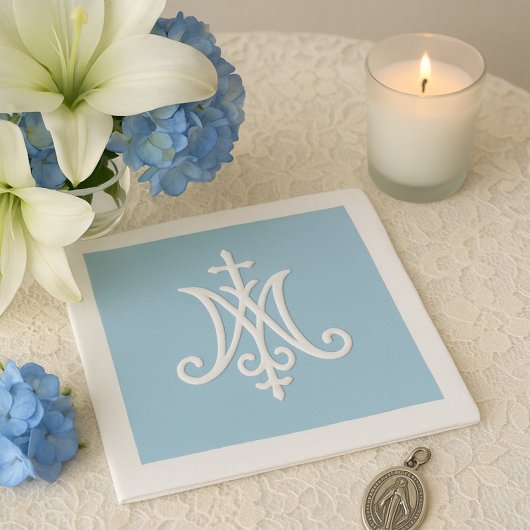 Serviette En Papier Religieux Monogramme de Marie Catholique Bleu Blan
