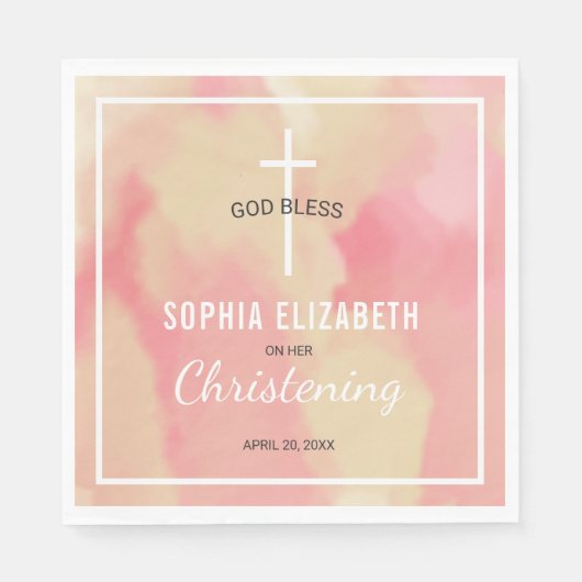 Serviette En Papier Religieux Rose Aquarelle Fille Christening (Devant)