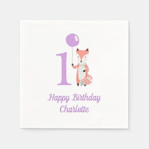 Serviette En Papier Renard blanc mignon et ballon pourpre 1er annivers
