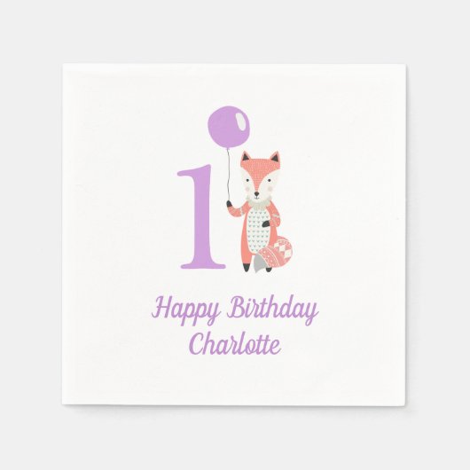 Serviette En Papier Renard blanc mignon et ballon pourpre 1er annivers (Devant)