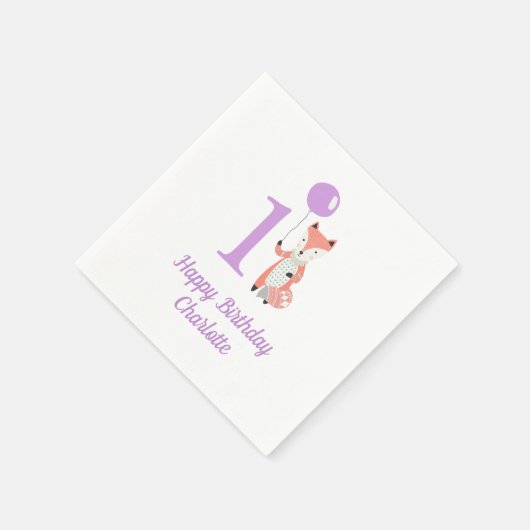 Serviette En Papier Renard blanc mignon et ballon pourpre 1er annivers (Coin)
