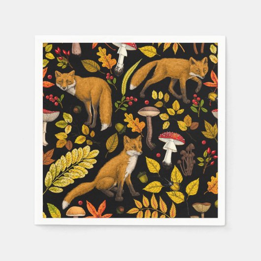 Serviette En Papier Renard d'automne sur noir (Devant)