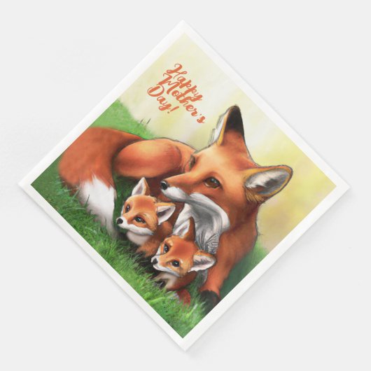 Serviette En Papier Renard rouge Mère et Kits dans l'herbe (Coin)