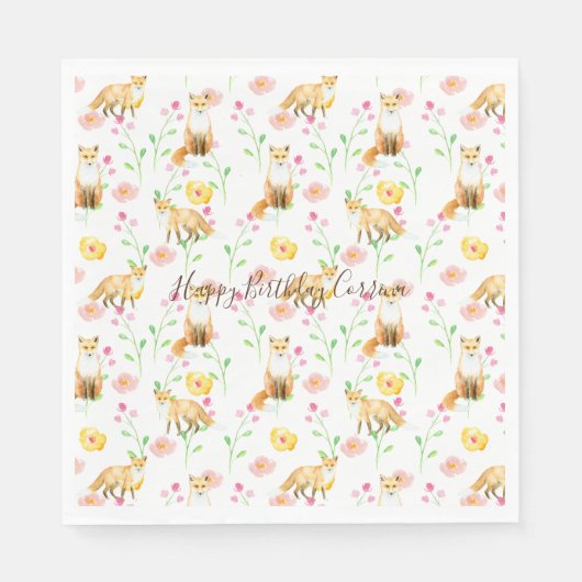 Serviette En Papier Renards et fleurs Aquarelle rose jaune (Devant)