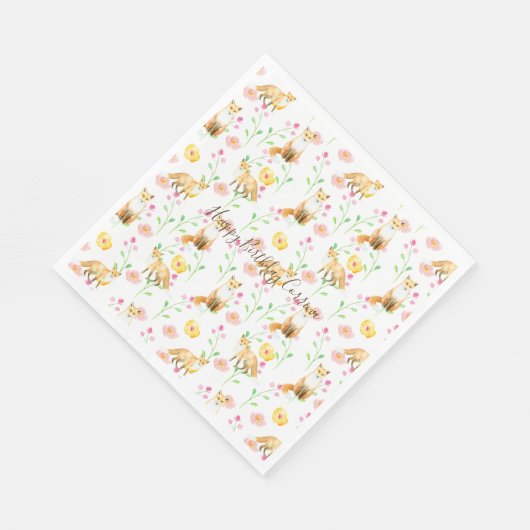 Serviette En Papier Renards et fleurs Aquarelle rose jaune (Coin)