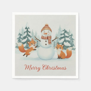Serviette En Papier Renards mignons et Joyeux Noël bonhomme de neige