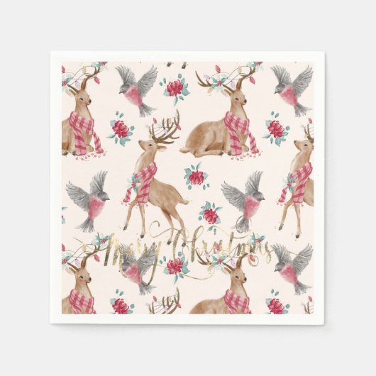 Serviette En Papier Rennes adorables, oiseaux, fleurs (Devant)