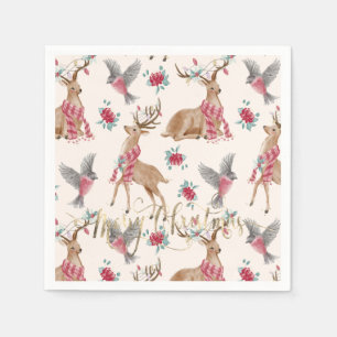 Serviette En Papier Rennes, oiseaux et fleurs adorables