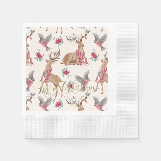 Serviette En Papier Rennes, oiseaux, fleurs adorables (Devant)