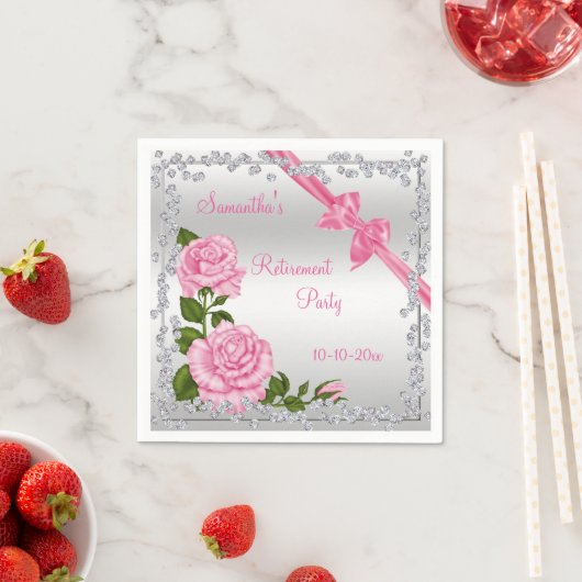 Serviette En Papier Retraite en fleurs roses, vaches et diamants (En situation)