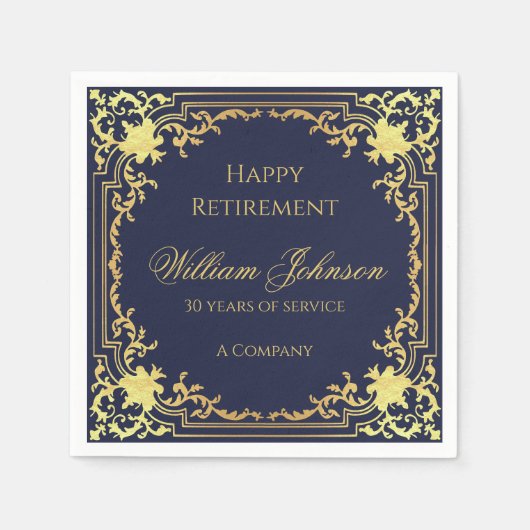 Serviette En Papier Retraite Marine Bleu Élégant Script Faux Gold Foil (Devant)