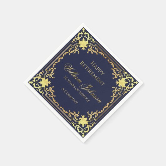 Serviette En Papier Retraite Marine Bleu Élégant Script Faux Gold Foil (Coin)