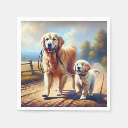 Serviette En Papier Retrievers dorés en promenade (Devant)